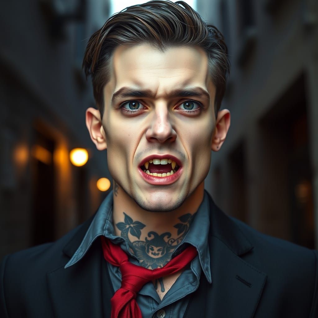 Tall, Pale Vampire in Dark Alley, Exuding Mysterious Power