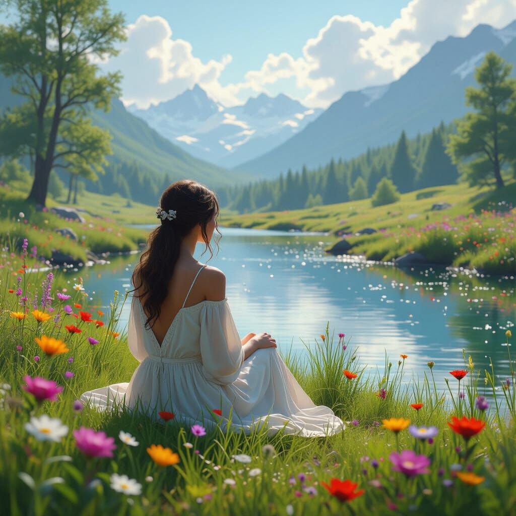 Serene Lakeside Meadow in Detailed Matte Painting Style