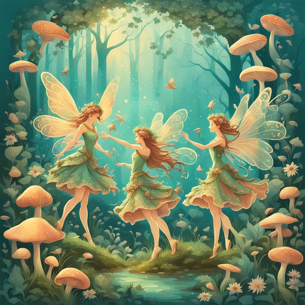 Fairies Dancing in a Mystical Mushroom Garden