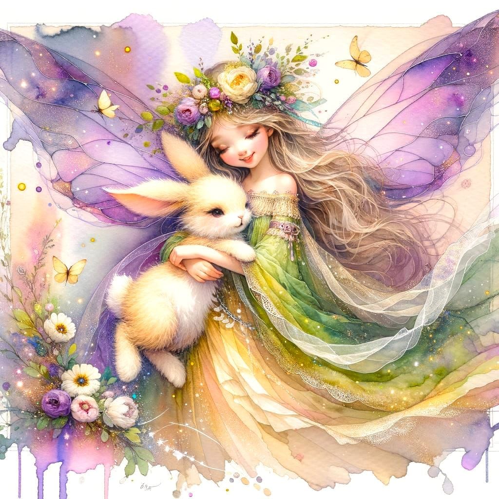 Whimsical Watercolour Fairy and Rabbit in Soft Hues