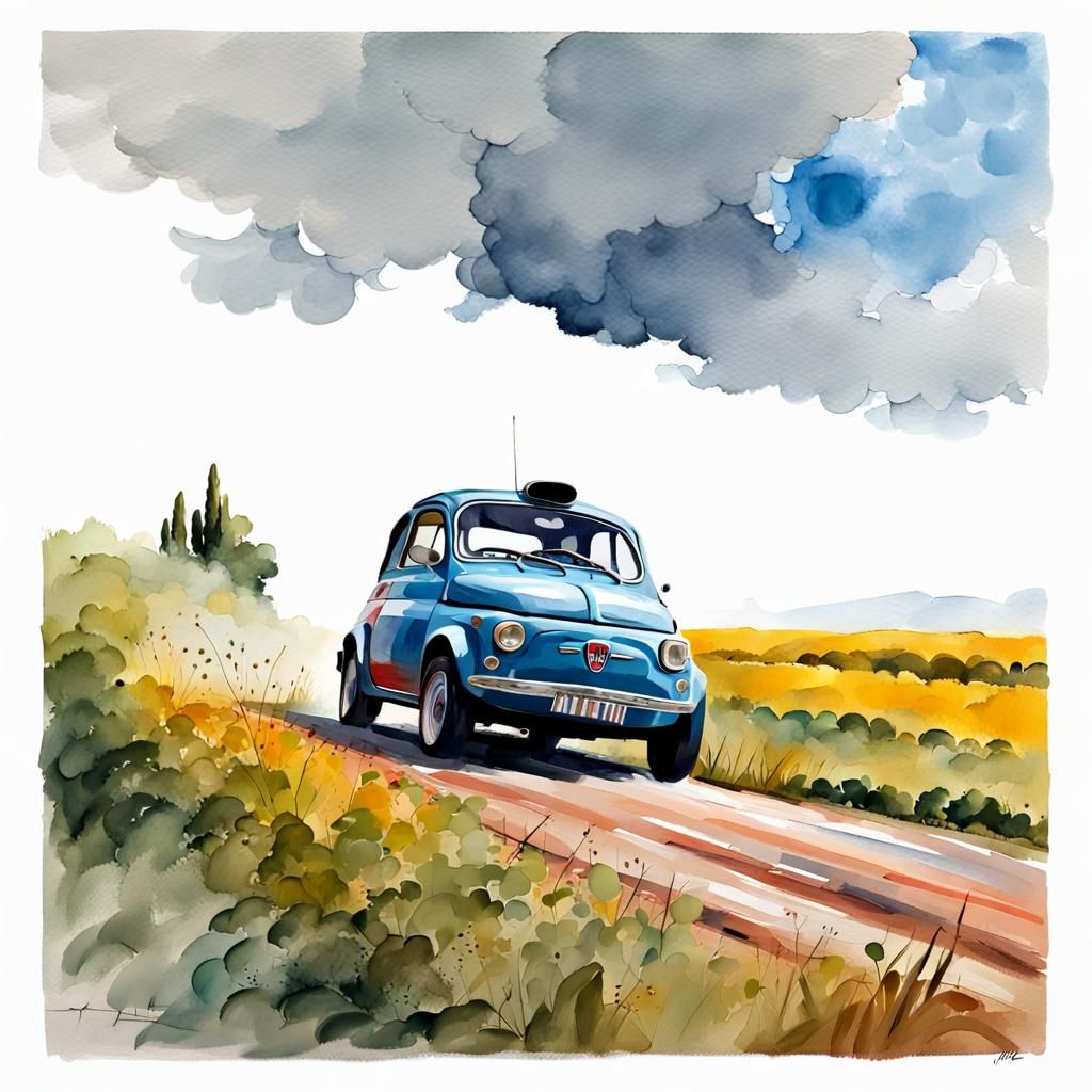 Fiat 500 Rally Car in Gouache Style