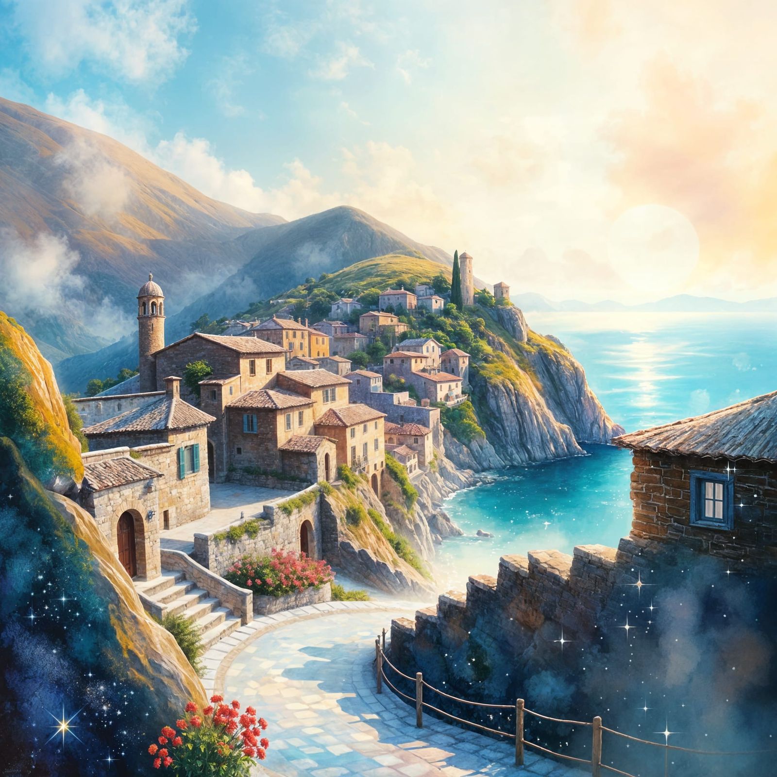 Impressionist Village Scene Dissolves into Sparkling Sea