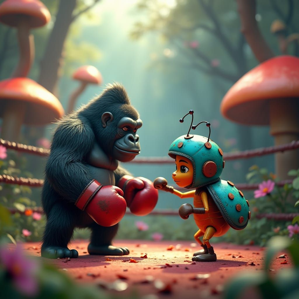 Gorilla and Ladybug Boxing in Fantasy Forest