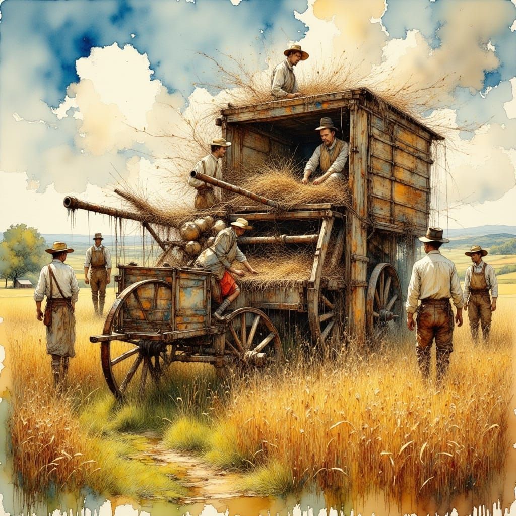 1700s Threshing Machine in Pastoral Landscape