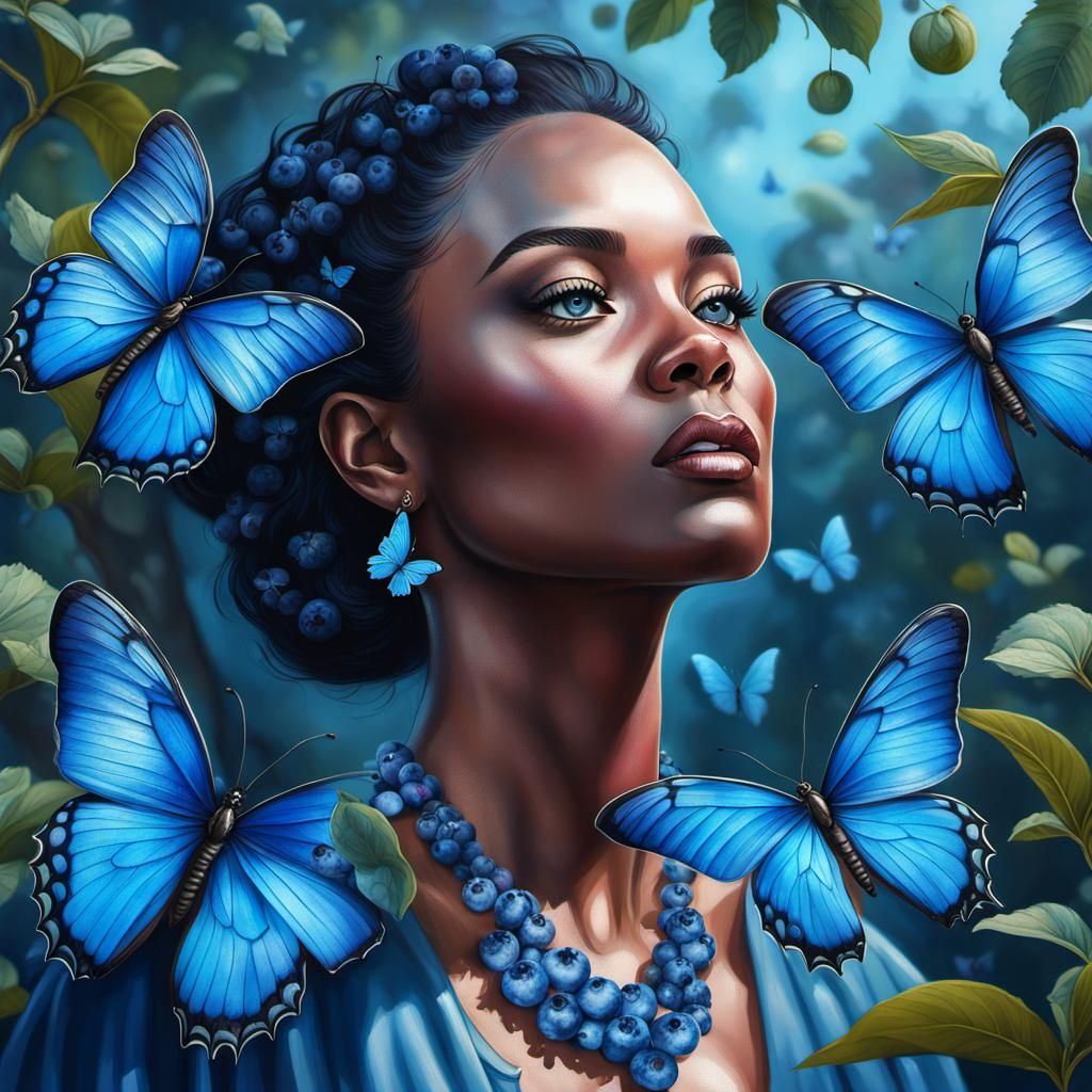Hyperrealistic Lady with Blue Butterflies and Blueberries