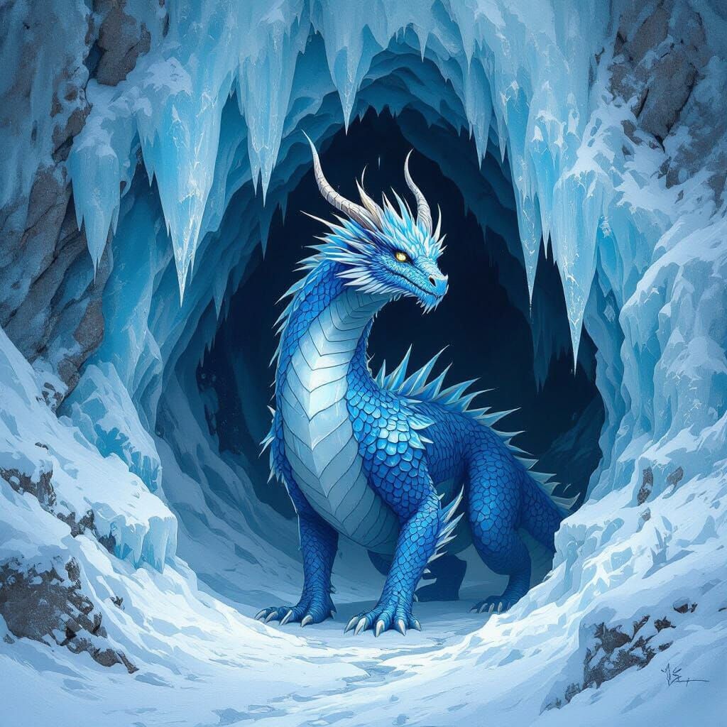 Blue Dragon Guarding Icy Cave, Mystical Realism