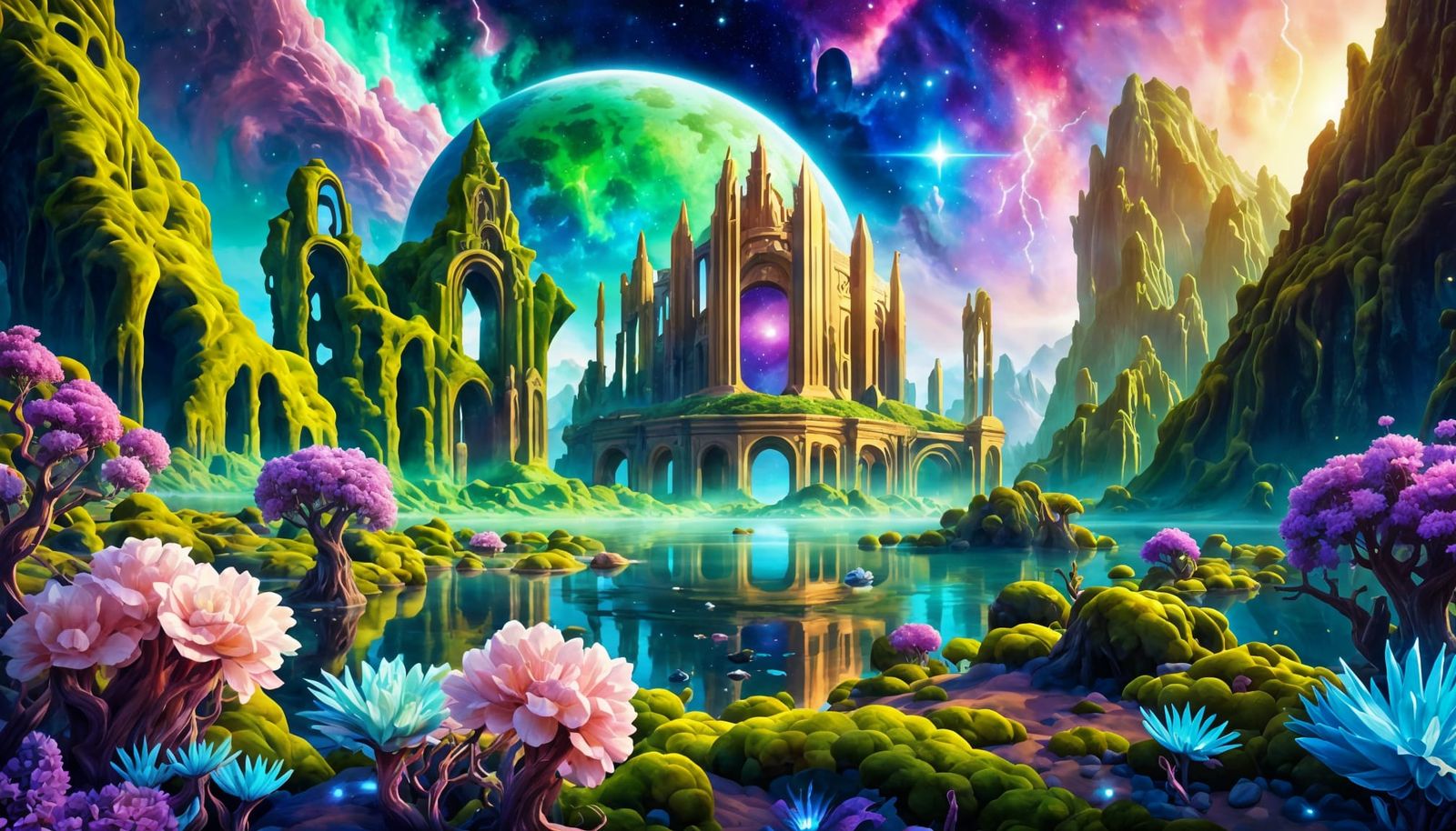 Alien Planet Landscape with Golden Ruins