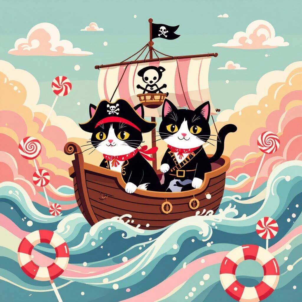 Tuxedo Cats Pilot Pirate Ship Through Candy Waves