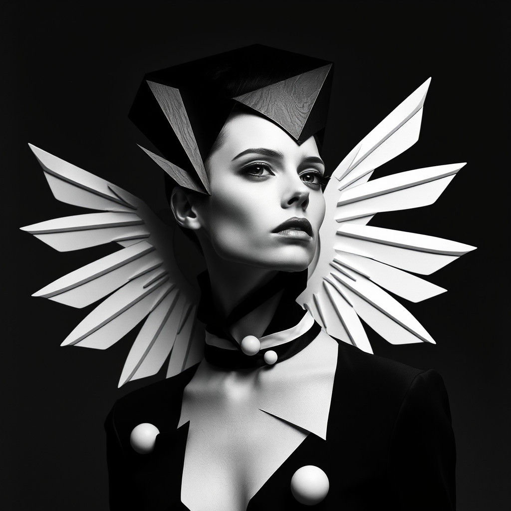 Geometric Fashion Model in Dadaist Black and White