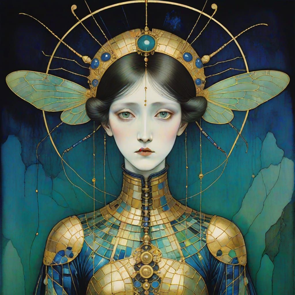 Iridescent Insect Woman in Surreal Watercolor Style