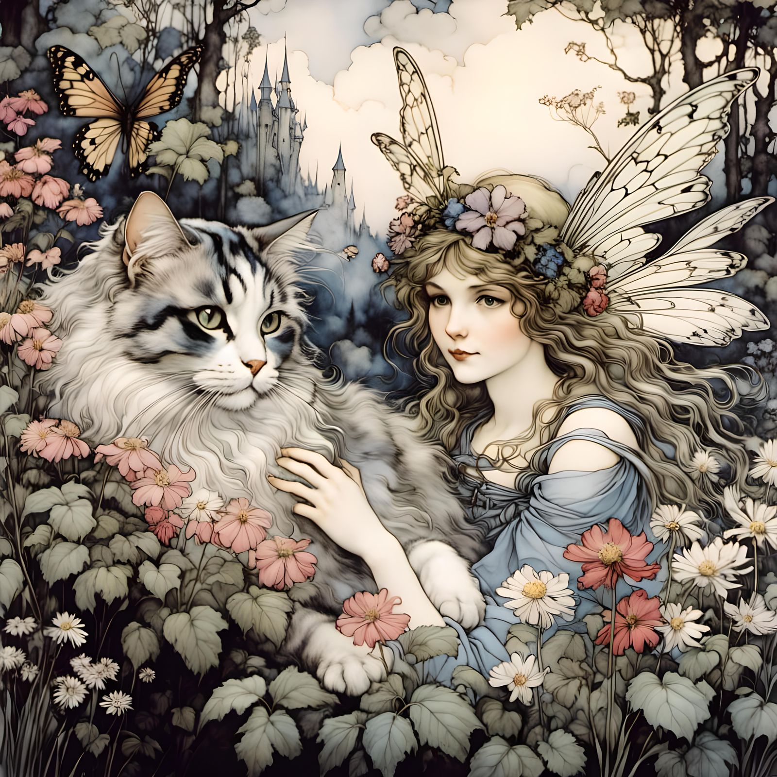 Fairy and her cat,  Fantasy forest <lora:SIS-FairyLora3b:1.0...
