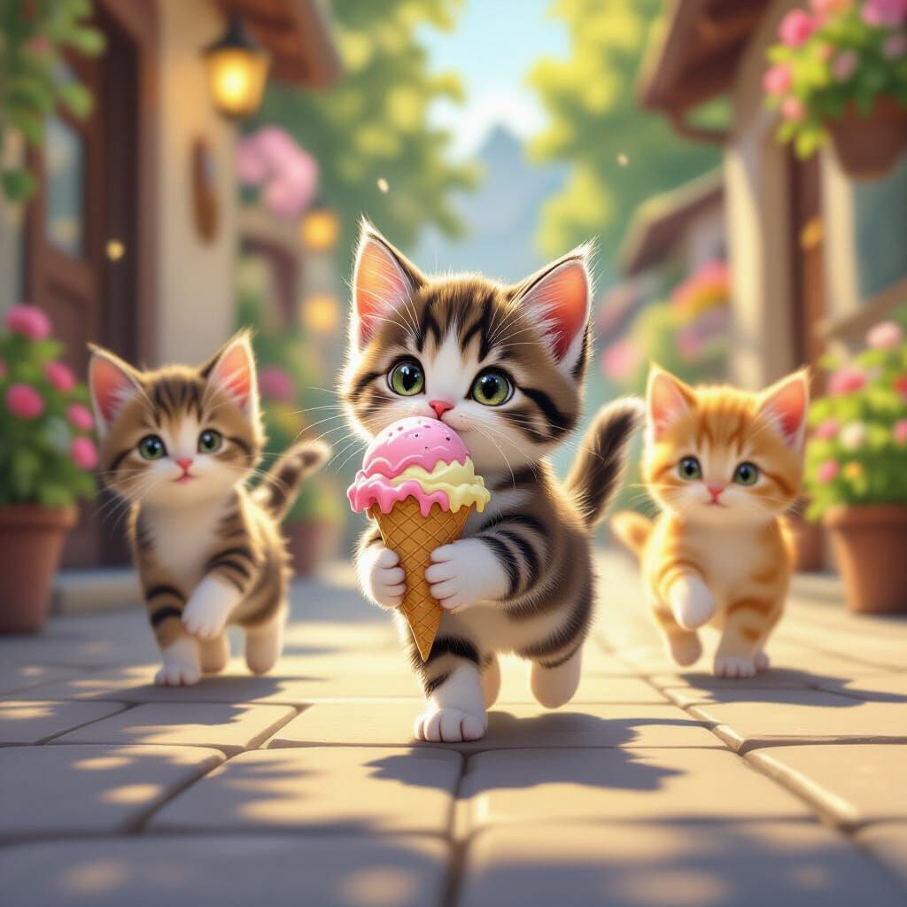 Kitten Races for Ice Cream in Studio Ghibli Style