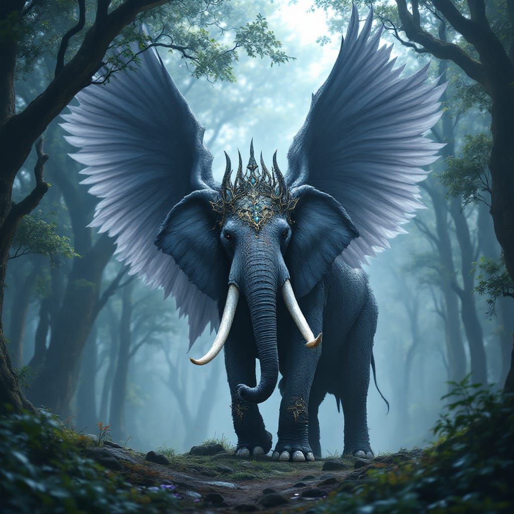 Elephant Matriarch with Majestic Wings in Mystical Forest