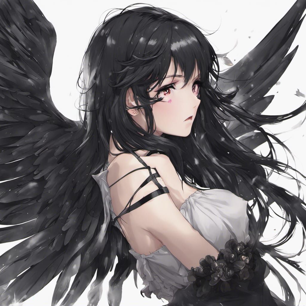 Fallen Angel with Black Wings in Anime Style