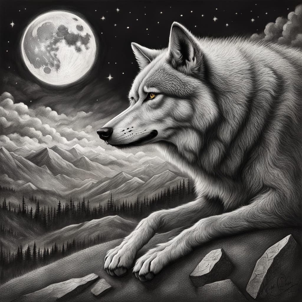 Fluffy Wolf Gazing at Moon: Charcoal Drawing
