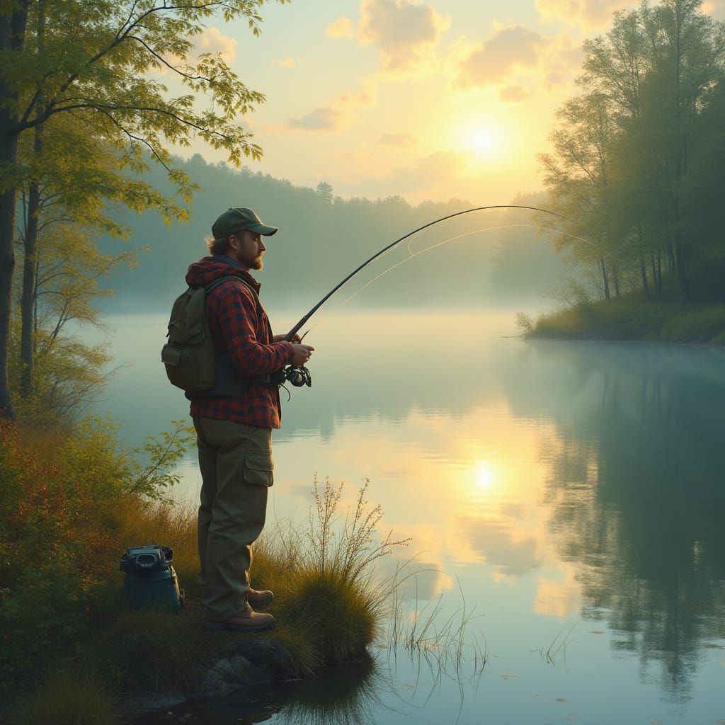 Serene Fisherman in Golden Hour Landscape Painting