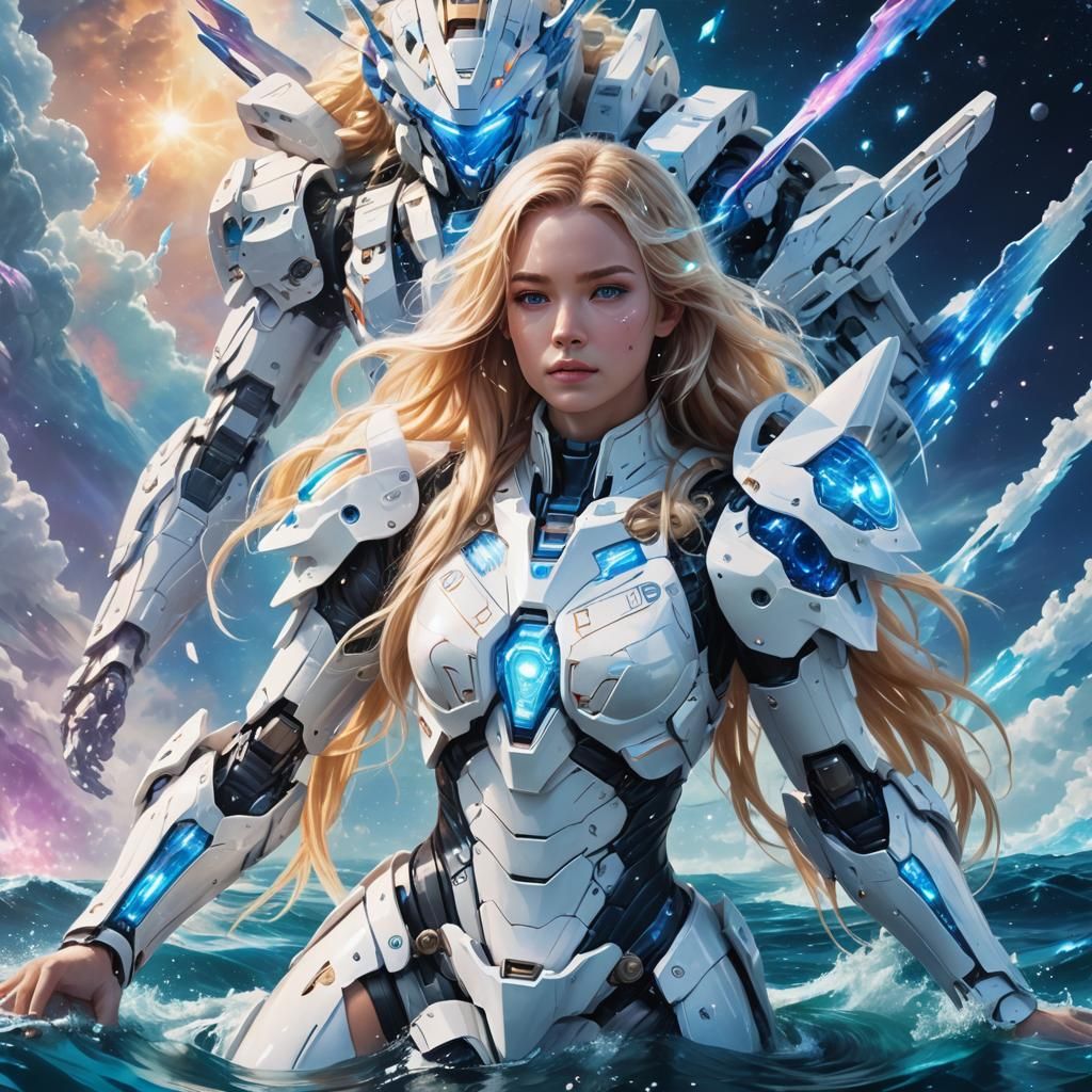 Woman and Mecha Share Aura in Cosmic Art