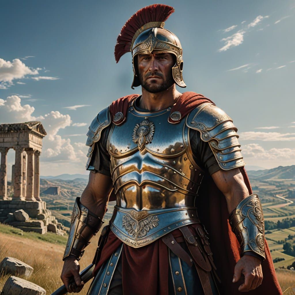 Ancient Roman Warrior in Epic Battle Landscape