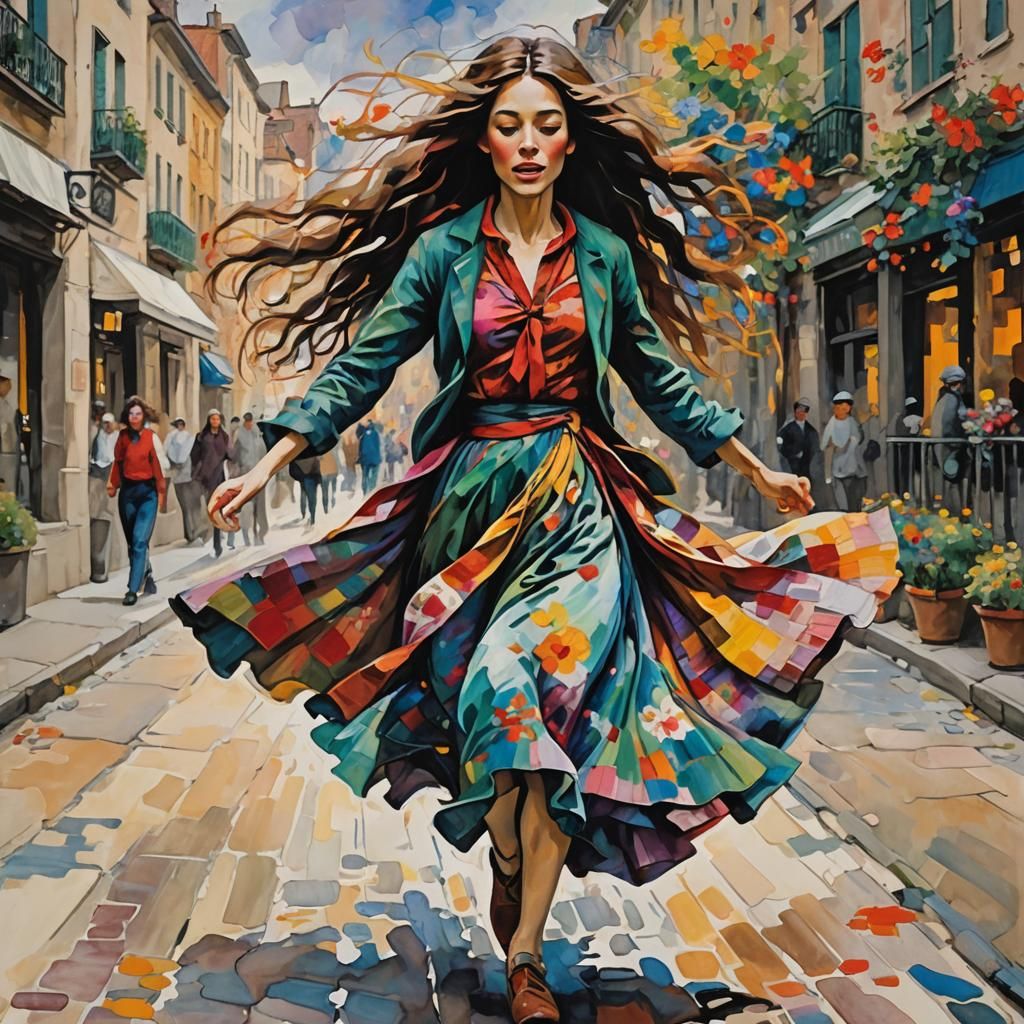 Impressionist Girl in Urban Cityscape Painting