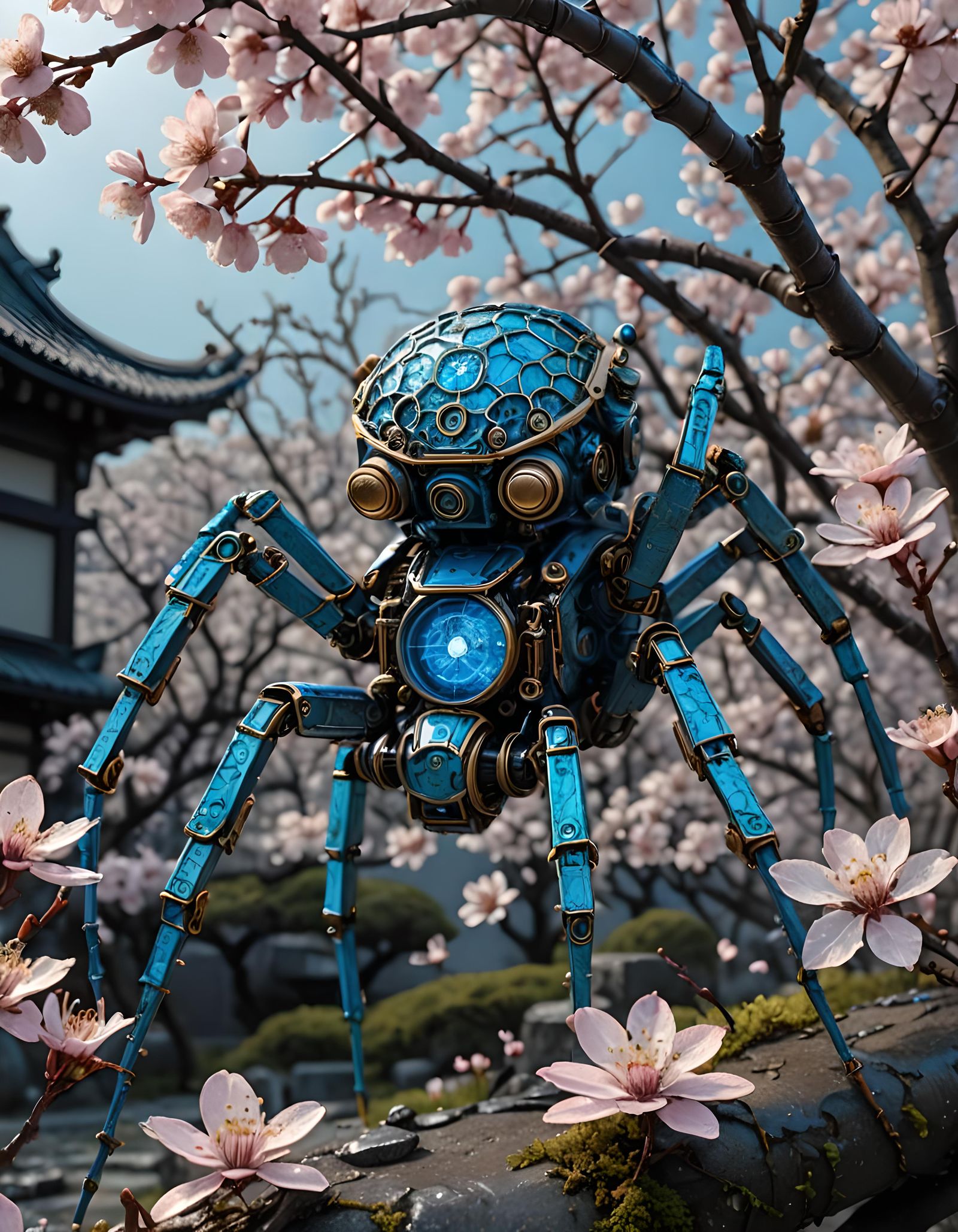 Steampunk Robot Spider in Zen Garden at Sunrise