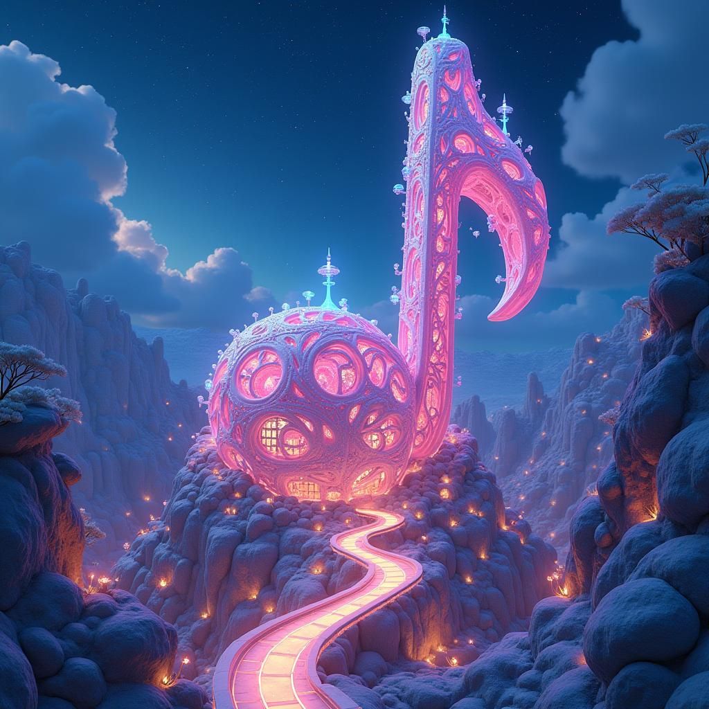 Luminescent Music Note Cityscape in 3D Anime Style