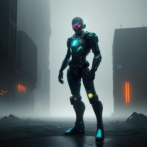 Sci-Fi Exosuit in Abandoned Cityscape: Pixel Art