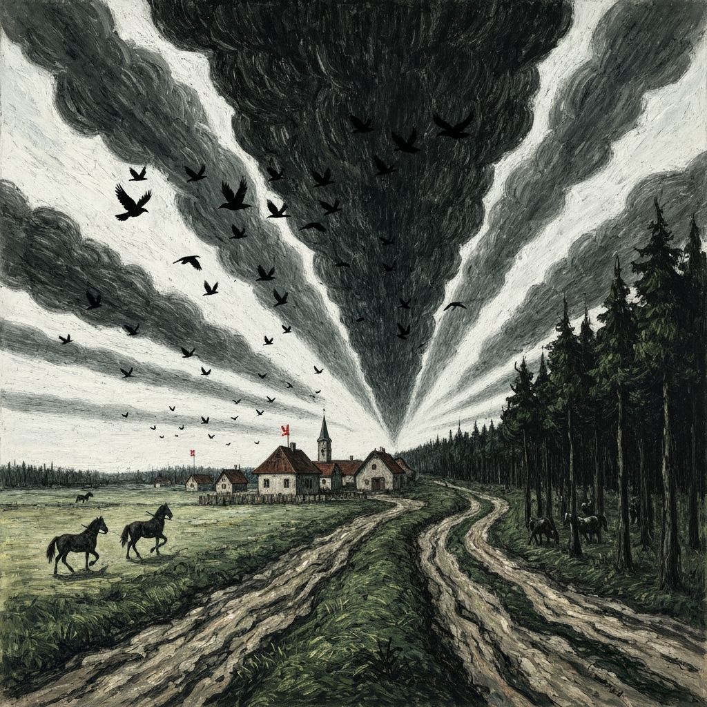 Ominous Battle Scene with Dark Clouds and Swarming Crows