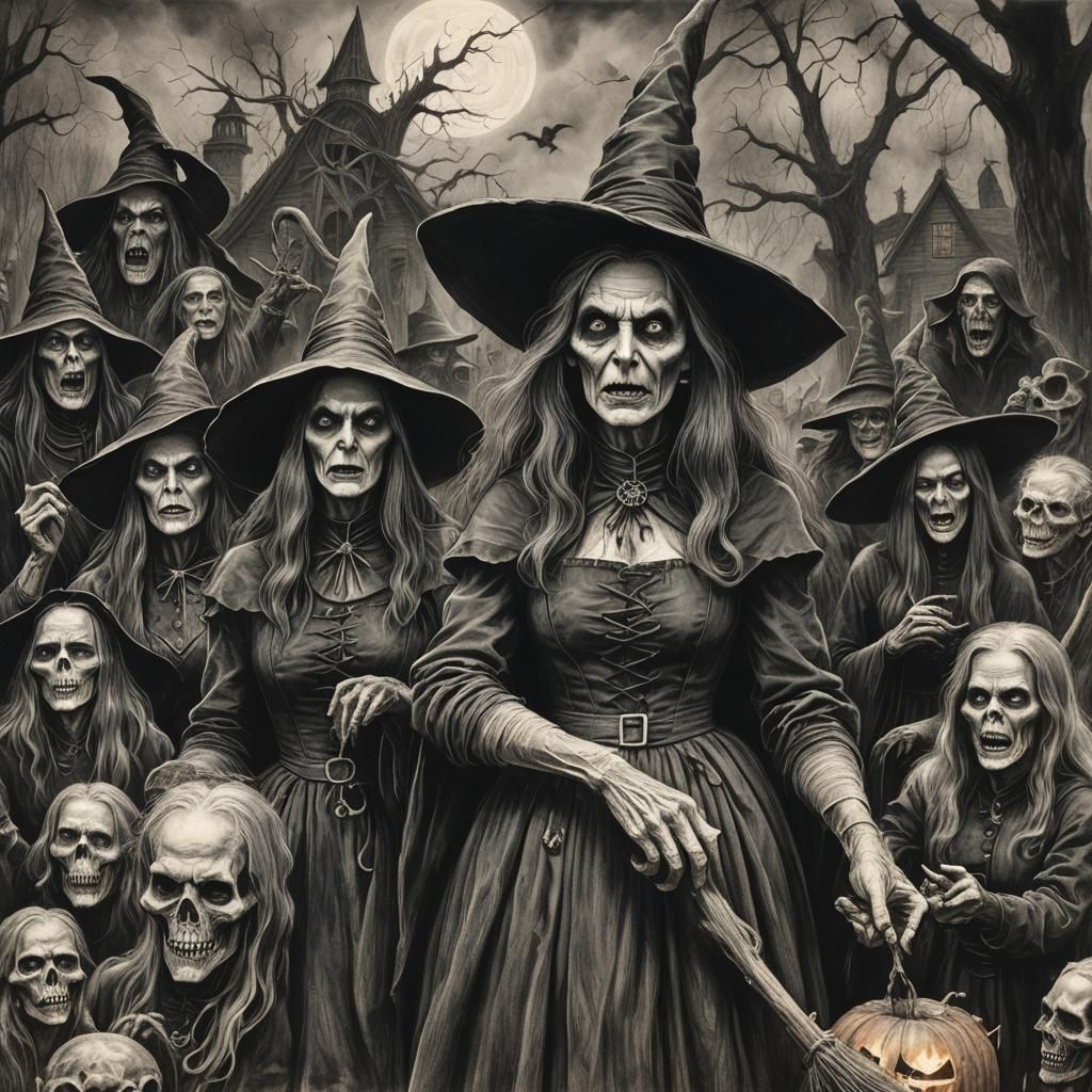 Salem Witches Horror: Hyperdetailed Charcoal Drawing