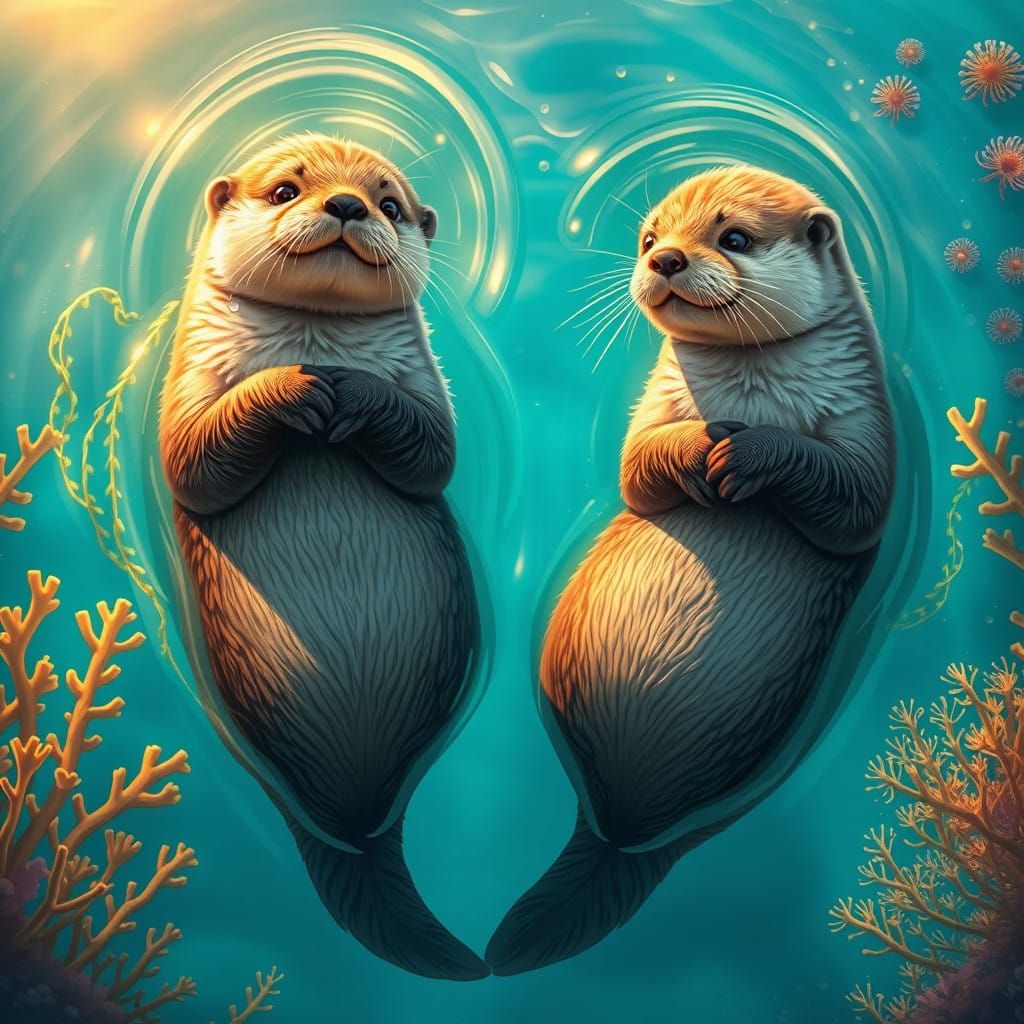 Surreal Golden Light Sea Otters on Turquoise Ocean