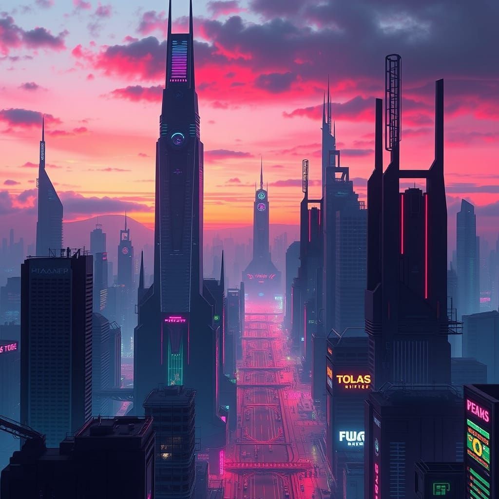 Futuristic Cyberpunk Cityscape at Dusk
