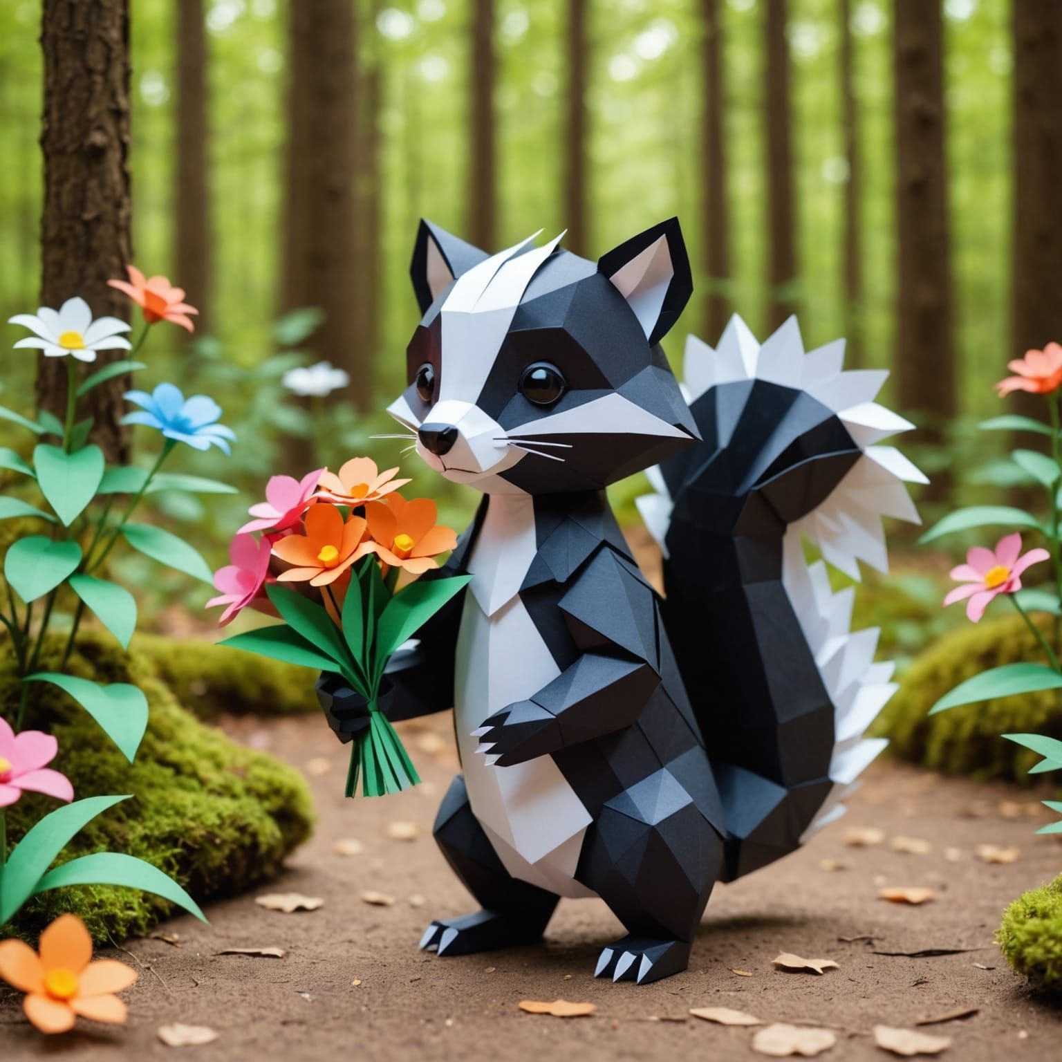 Cute Papercraft Skunk with Flower Bouquet