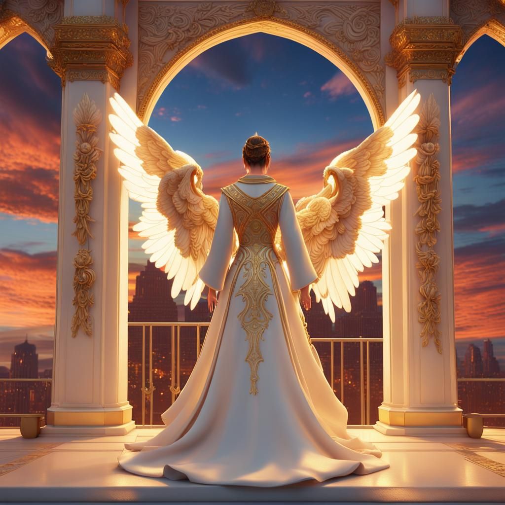 Angels in Satin Gowns Against Sunset Sky