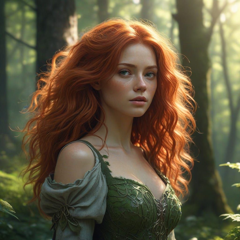 Redhead in Forest Clearing: Ethereal Fantasy Art