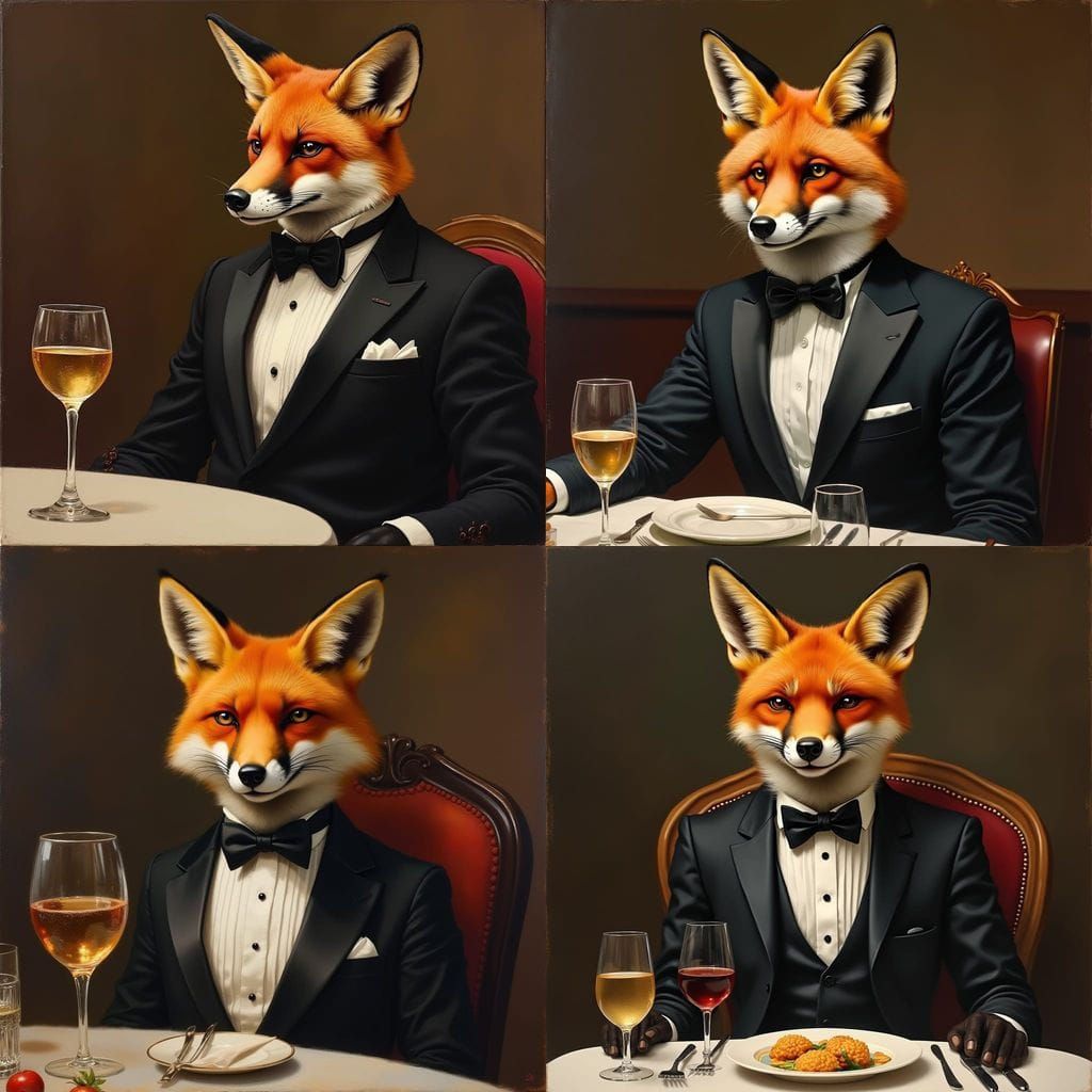 Formal Fox in Tuxedo at Elegant Dinner Party