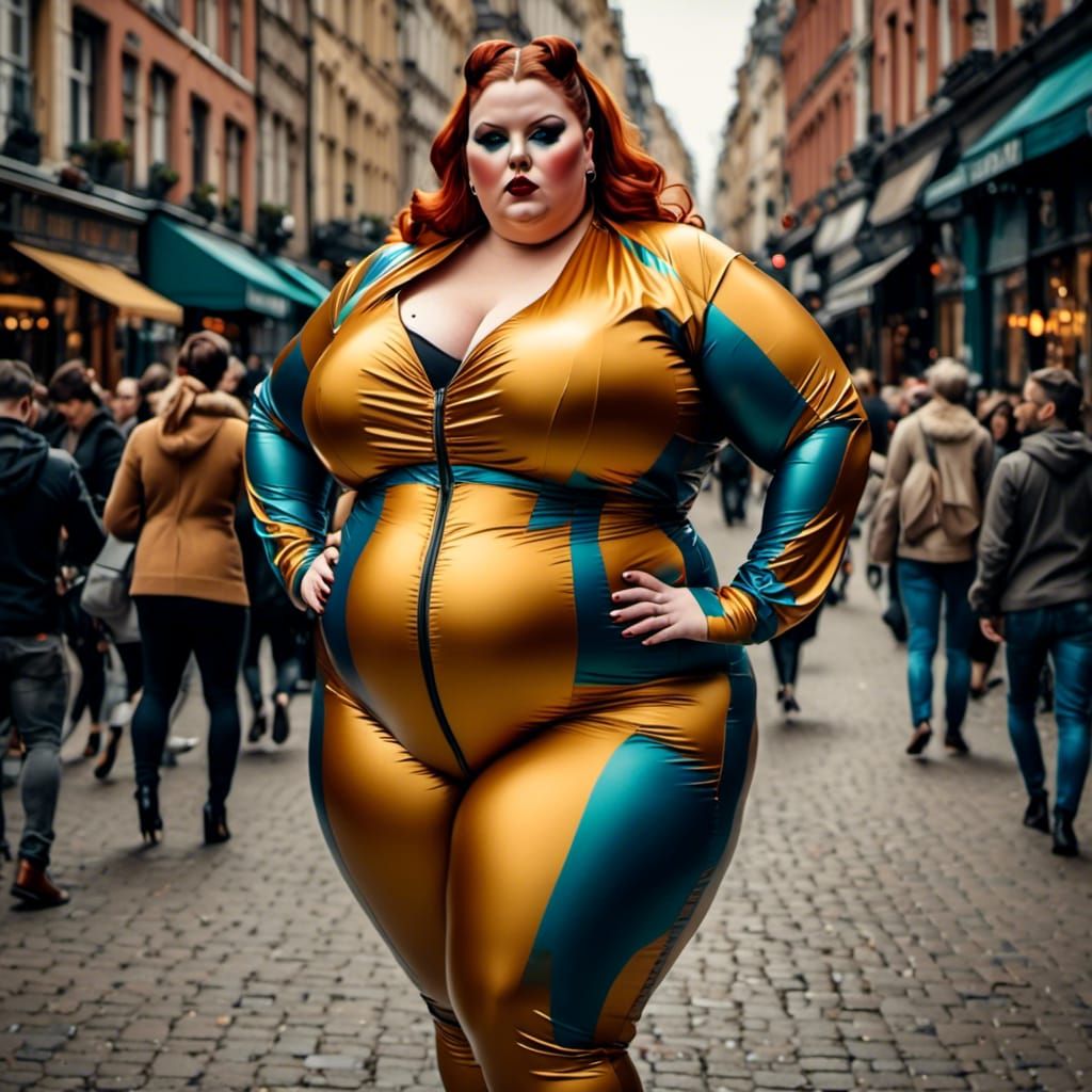 Curvy Woman in Cityscape: Digital Art in Painterly Style