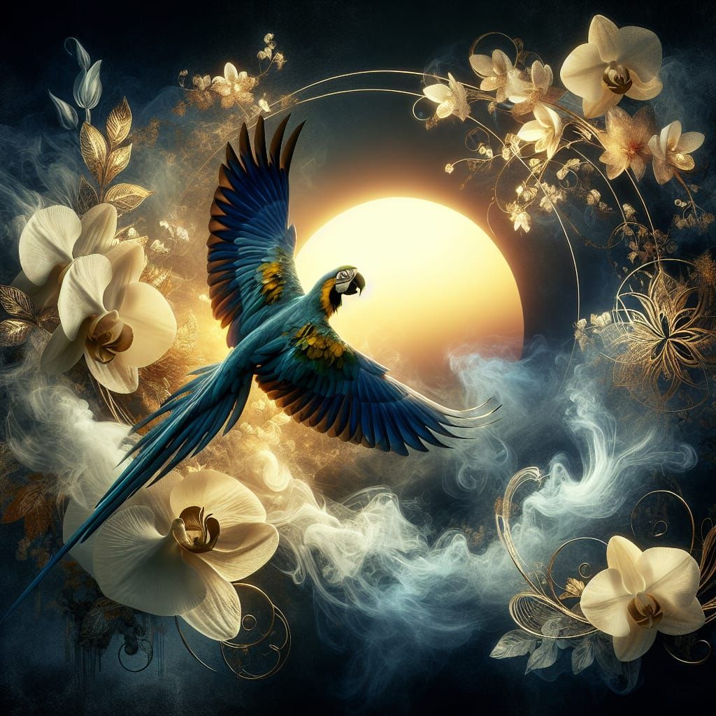 Macaw Silhouette with Orchids and Fantasy Flowers