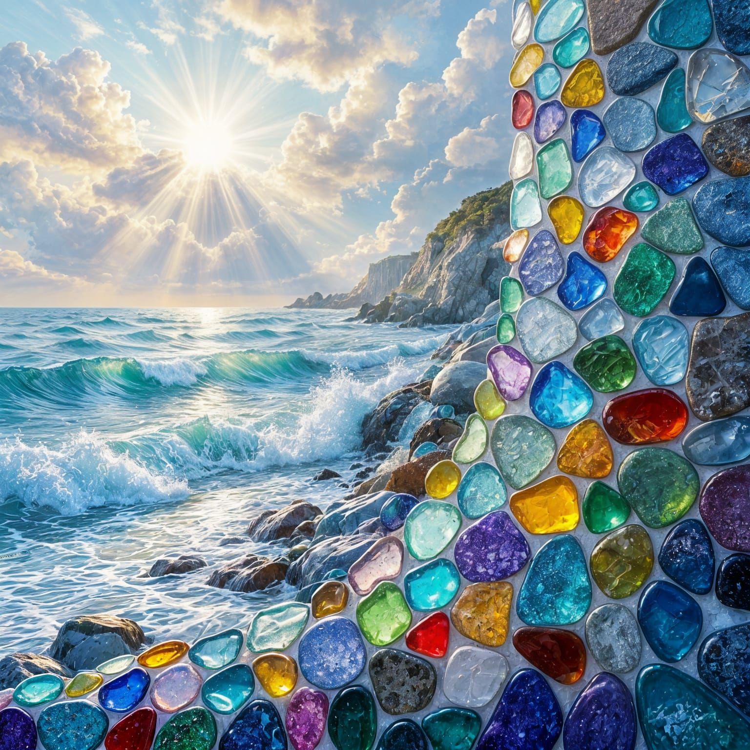 Colorful Sea Glass Mosaic Wall Shimmers With Ocean Waves