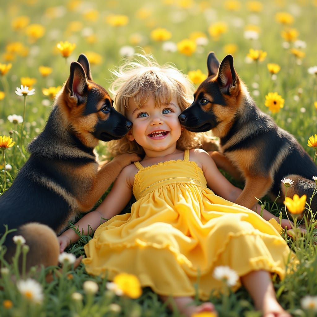 Child and Puppies in Wildflower Field, Illustrative Style