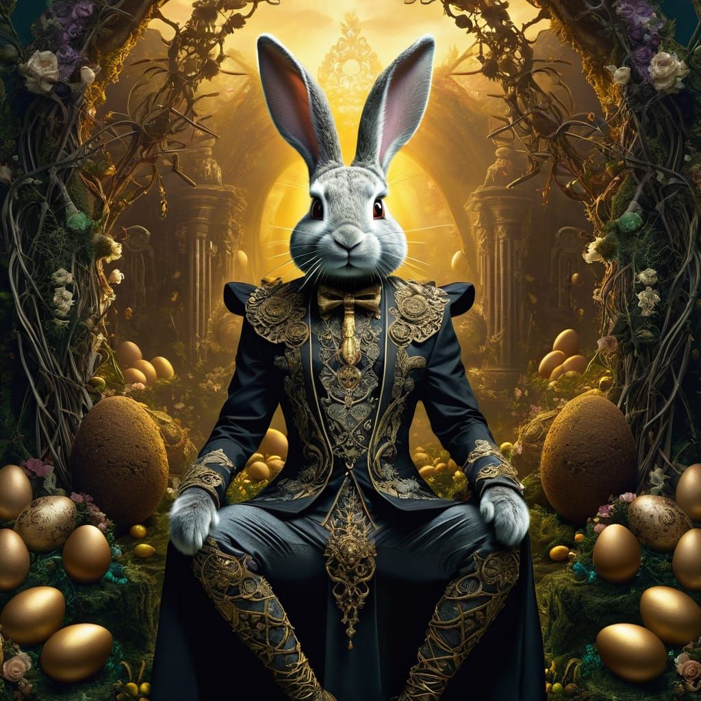 Mysterious Easter Bunny in Dark, Surreal Folklore Scene