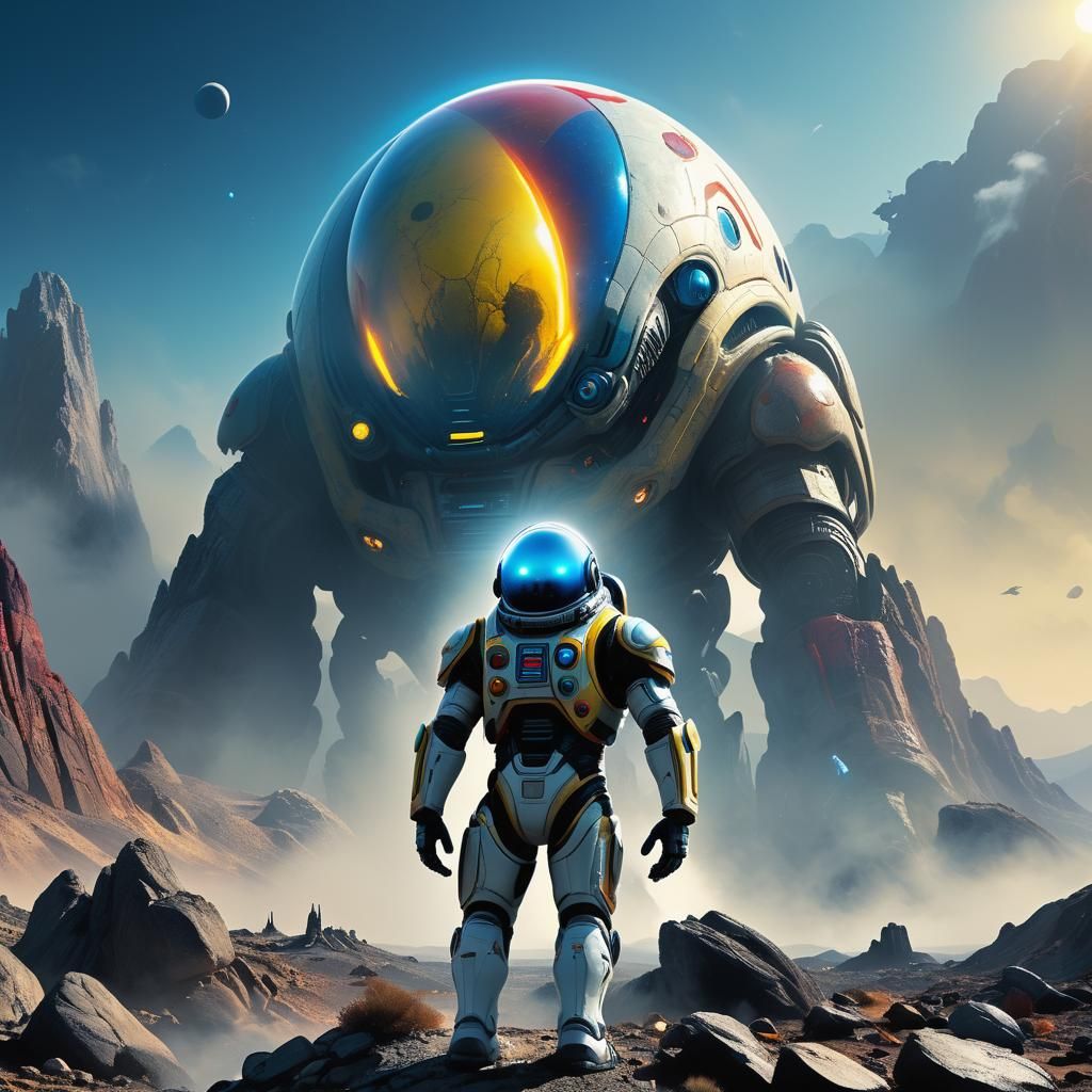 Alien in Spacesuit on Rocky Terrain