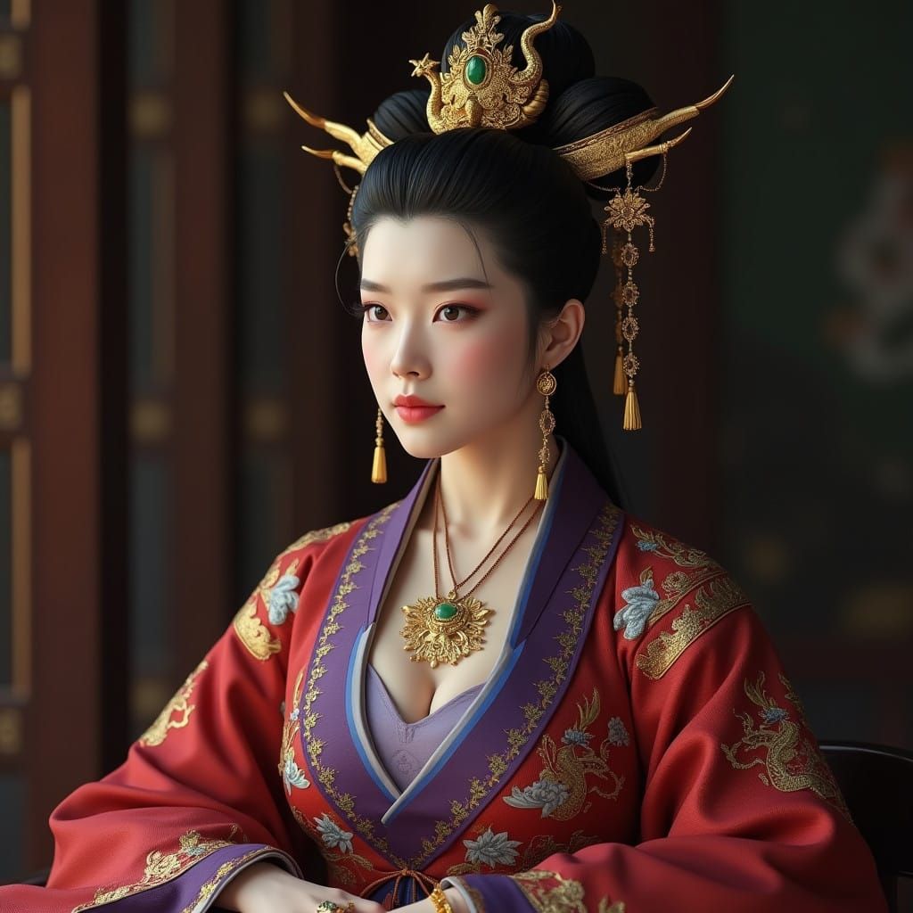 Hyperrealistic Portrait of Empress Wu Zetian in Regal Splend...