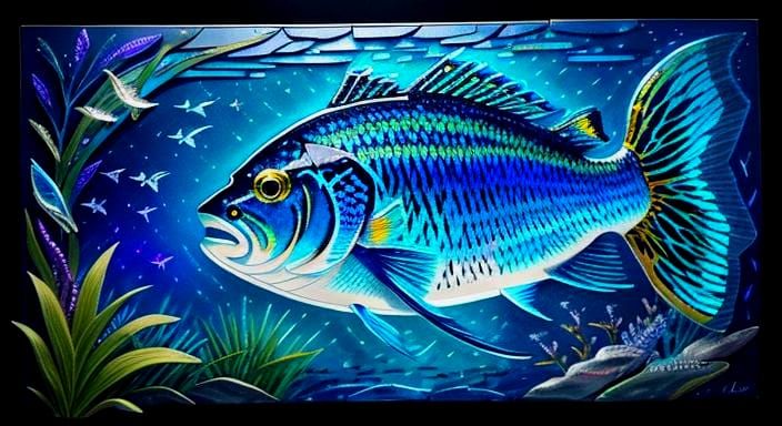 Iridescent Blue Fish Mosaic Mixed Media