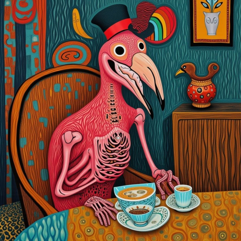 Flamingo Skeleton Sipping Tea in Folk Art Style