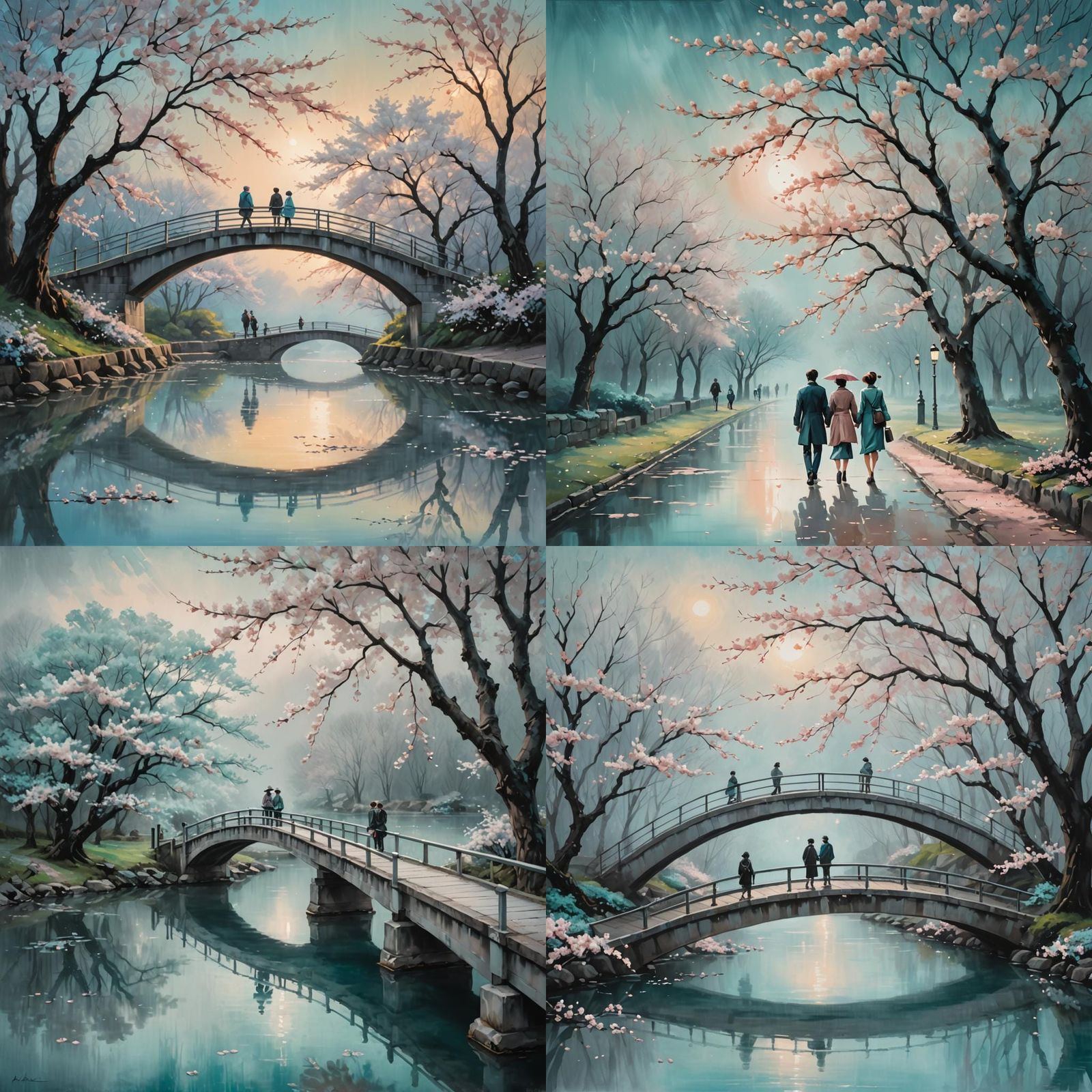 two people walk the bridge under a large cherry blossom, in ...