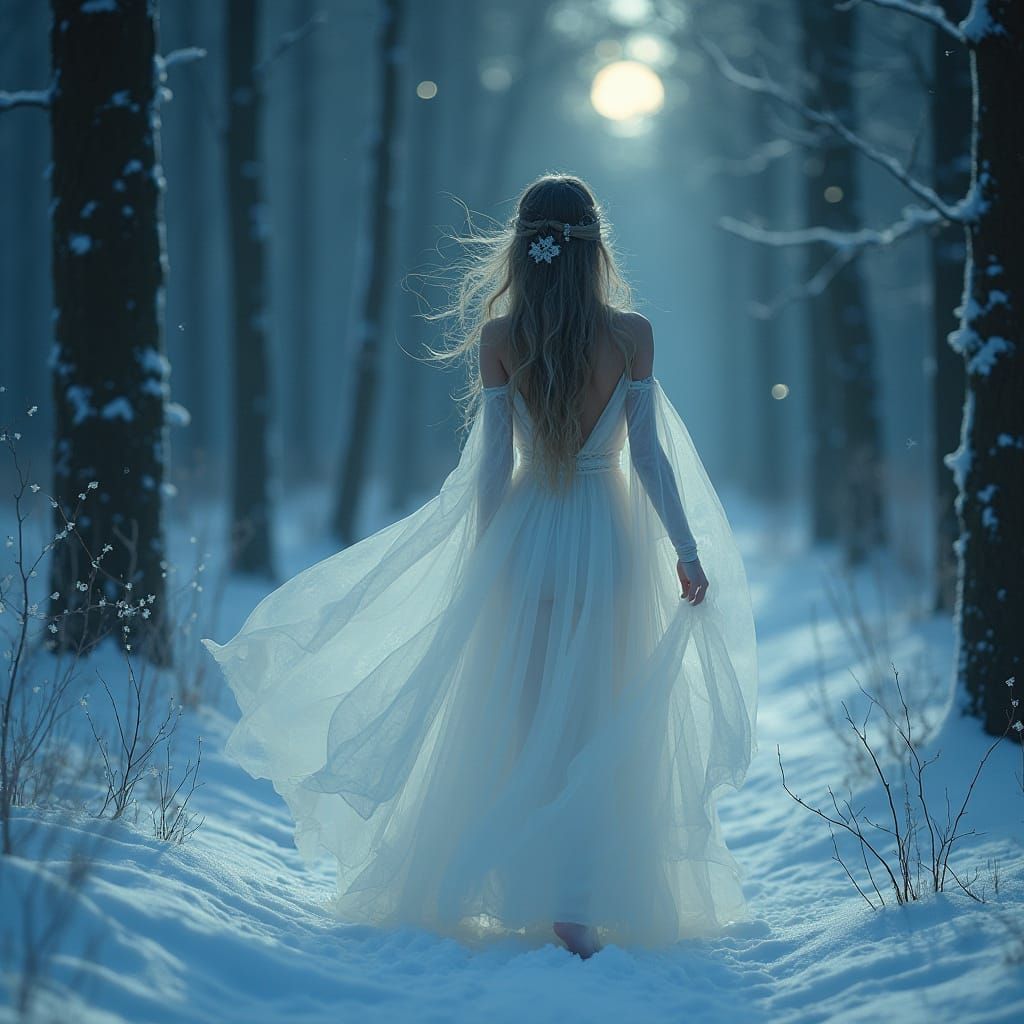Ethereal Woman in Snow Forest - Art Nouveau Style