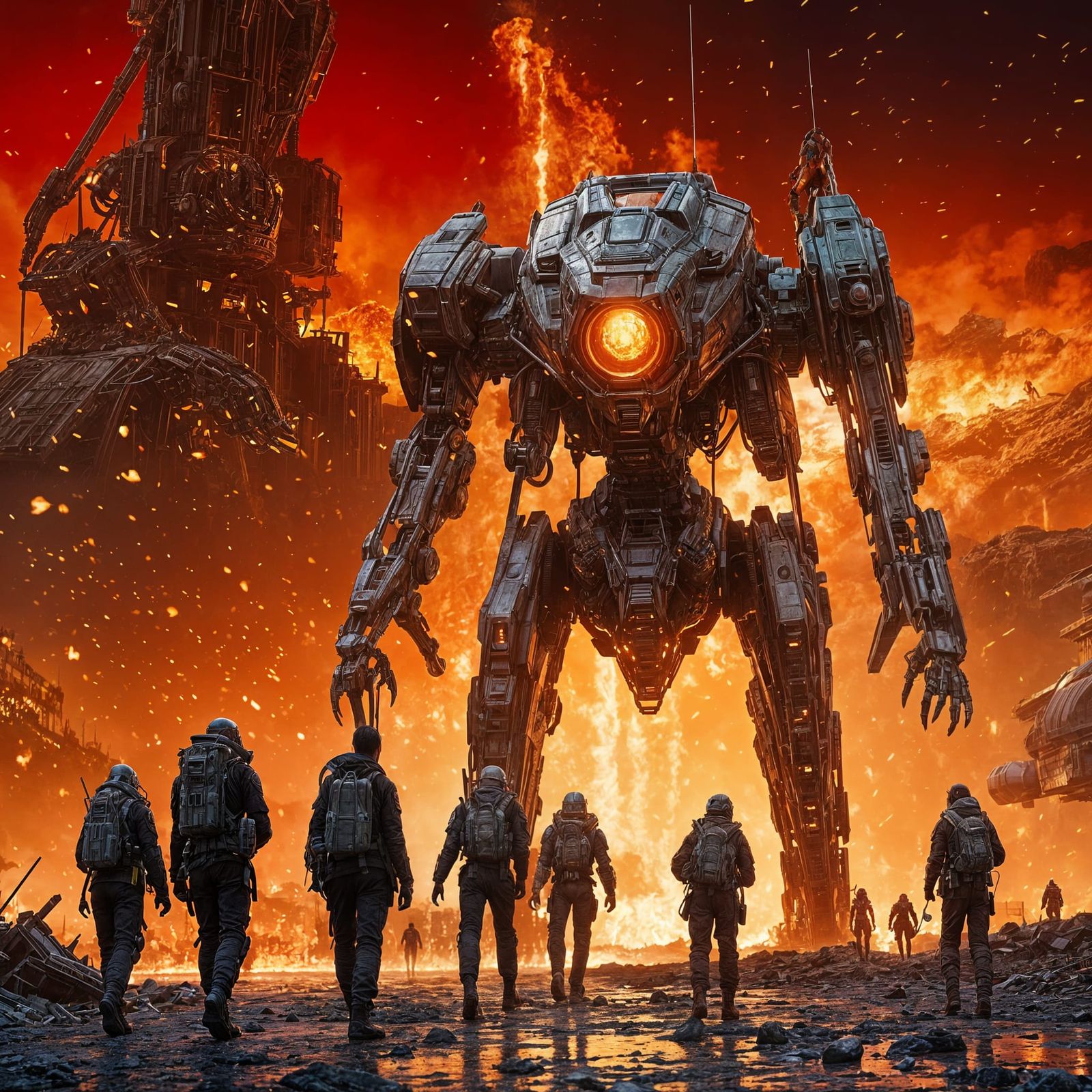 Battle Mech Emerges From Burning City