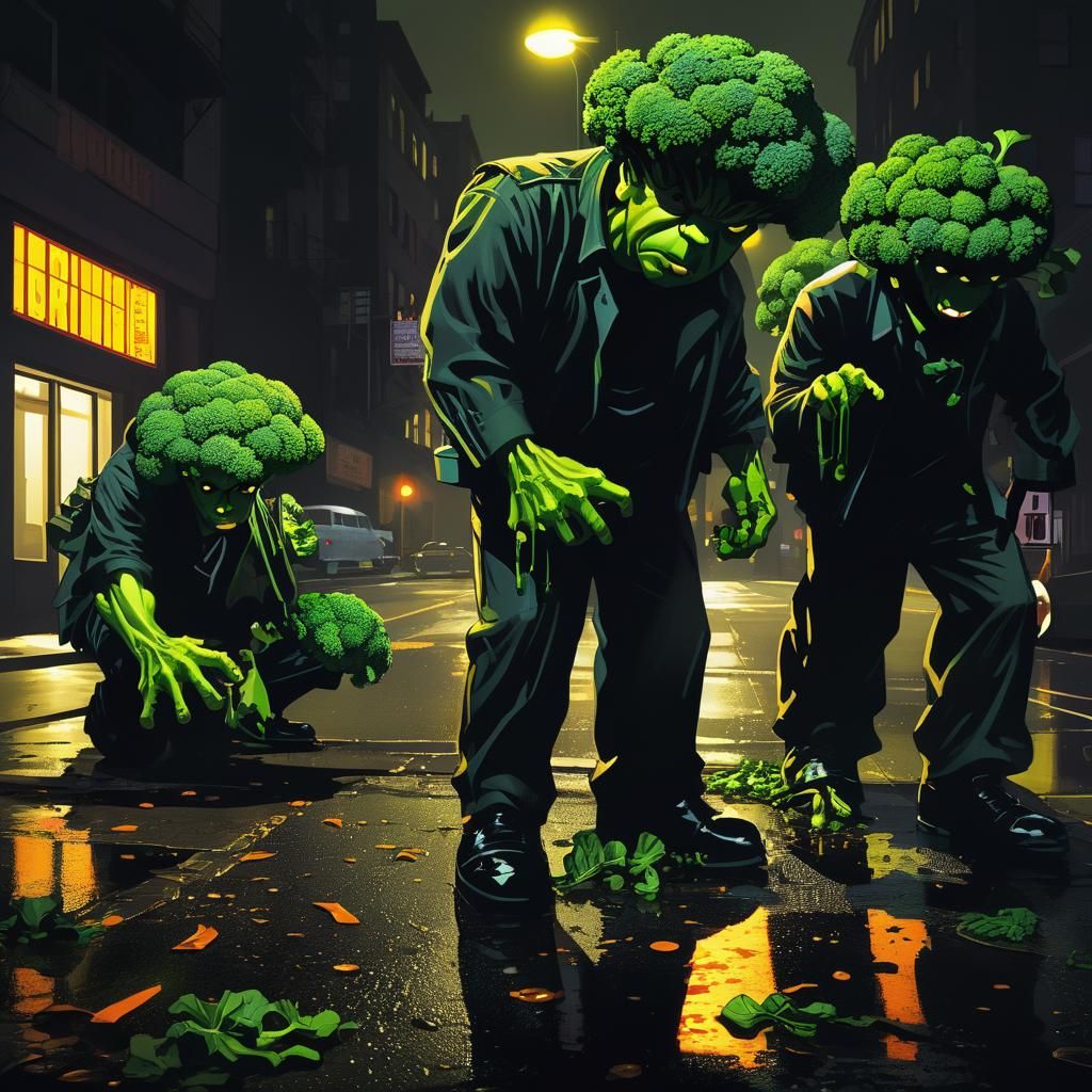 Broccoli Hitmen in Dark Humor Comic Style
