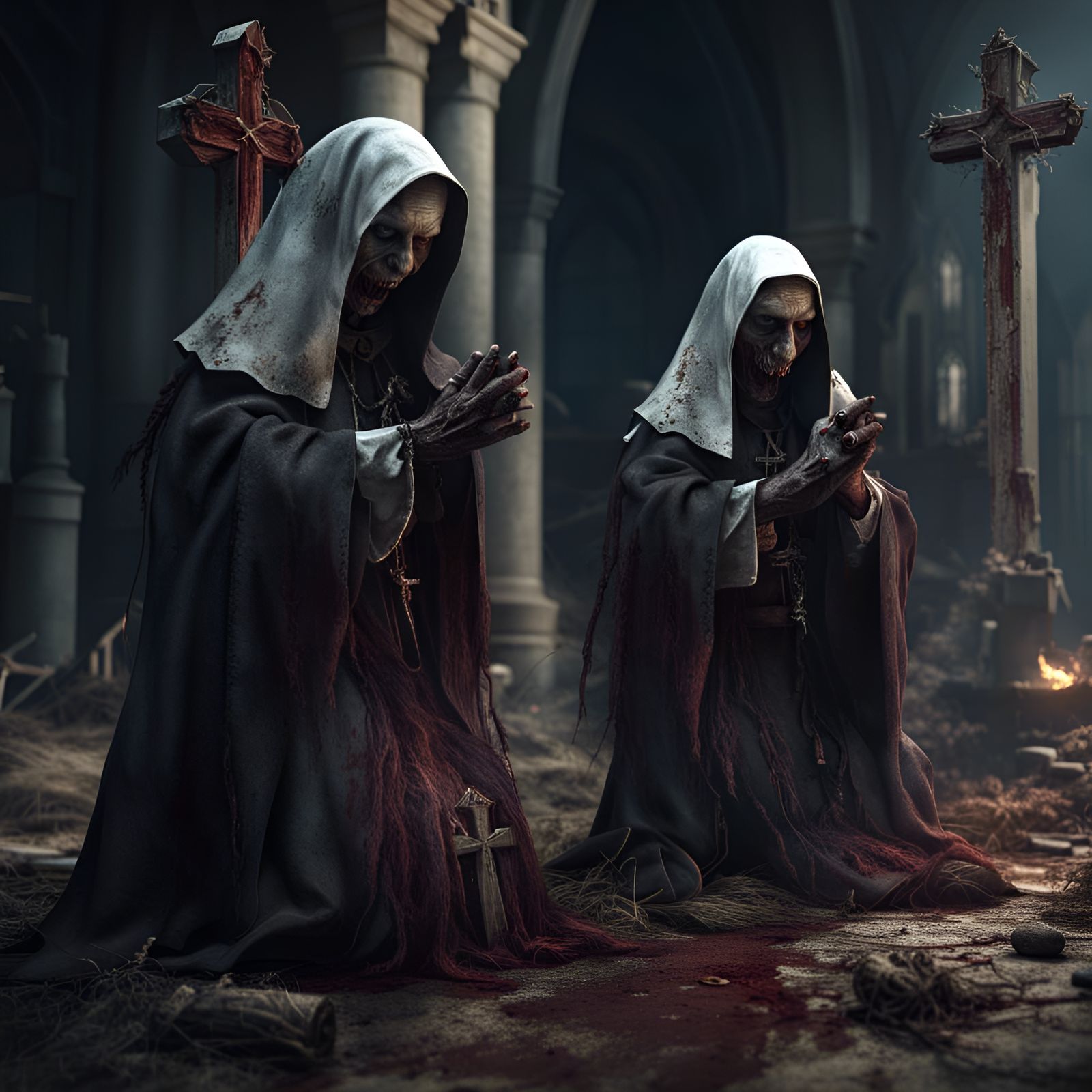 Zombie Nuns Kneeling Before Demon Priest