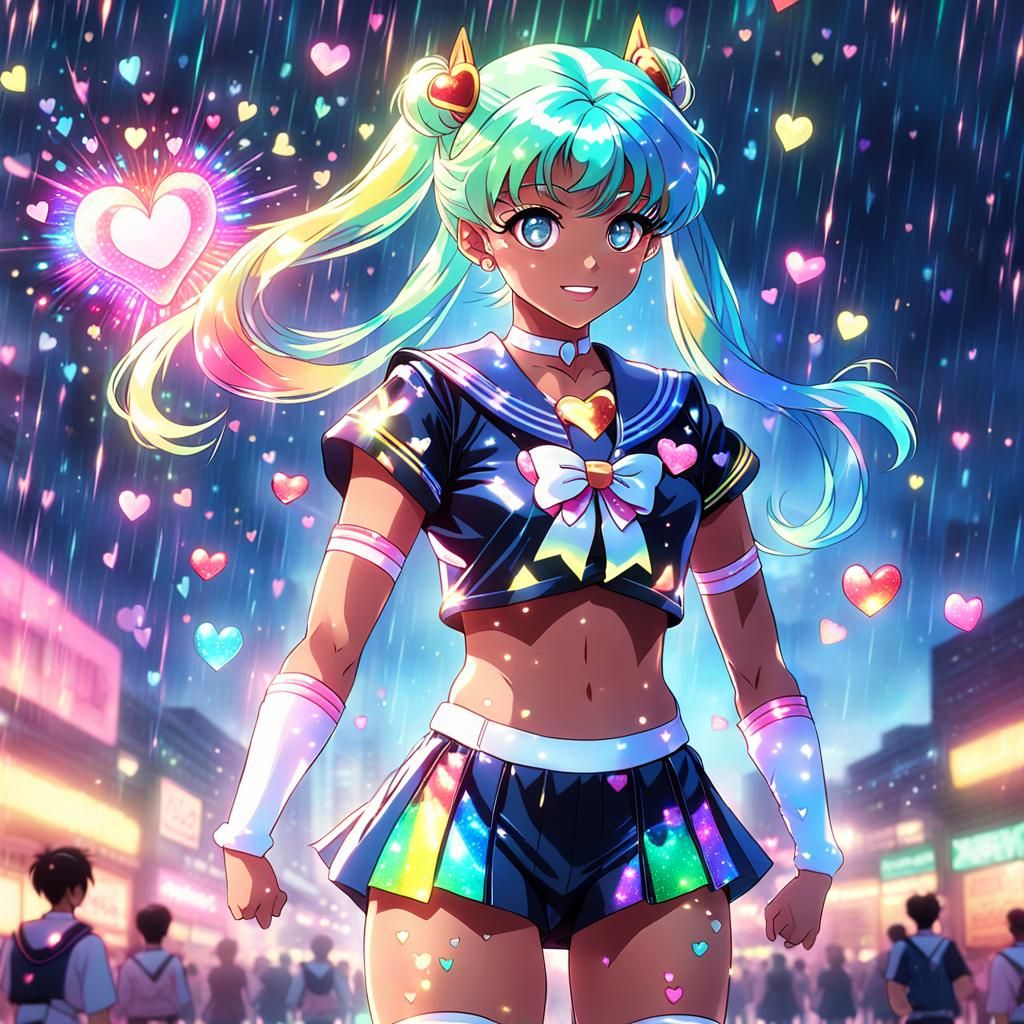 Glittering Anime Sailor Scout in Rainbow Rain