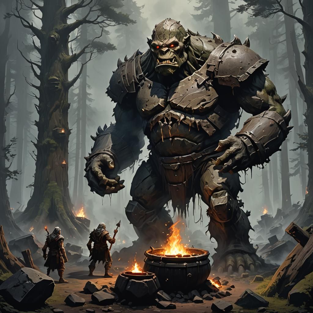 Stone Golem Troll Near Boiling Cauldron